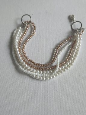 Multi Strand Faux Pearl & Amber Gold Seed Bead Layered Bracelet